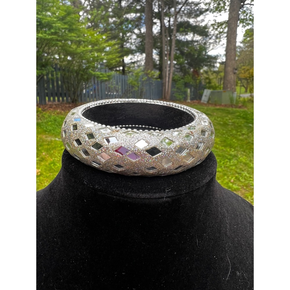 Vtg 70s Silver Mirror Mosaic Glitter Chunky Bangle Bracelet Disco Statement Wide